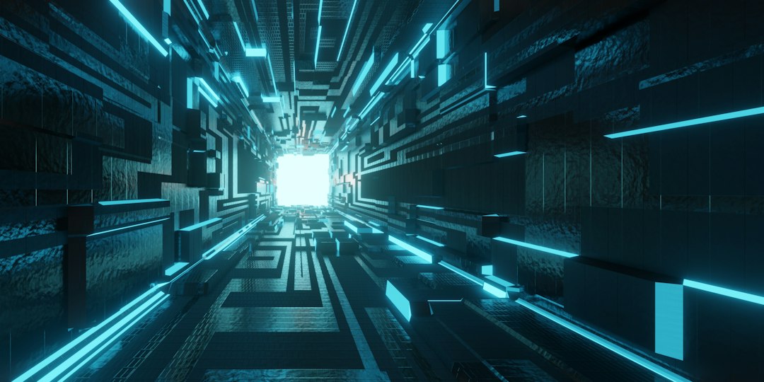 Dark futuristic digital architecture with illuminated geometric forms